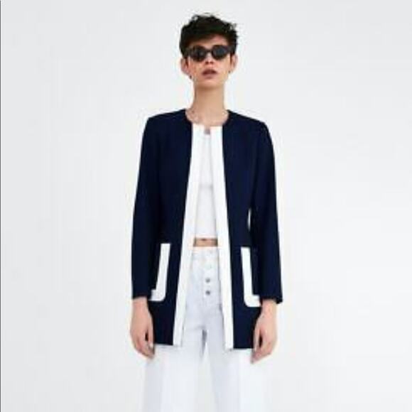 Zara Navy White Two Tone Zipper Nautical Jacket Small - Picture 2 of 13